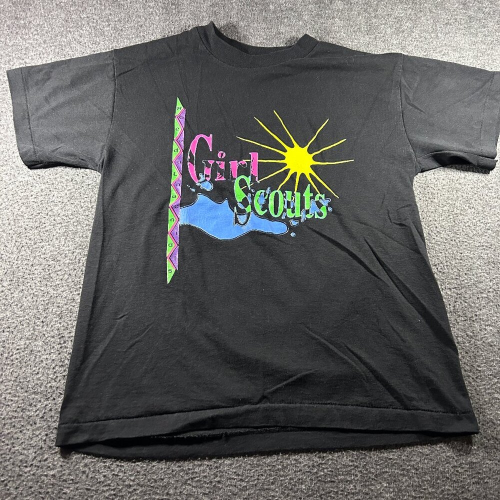 Vintage Black Hanes Heavyweight 50/50 Girls‎ Scout Camp 90s Sz L Single Stich